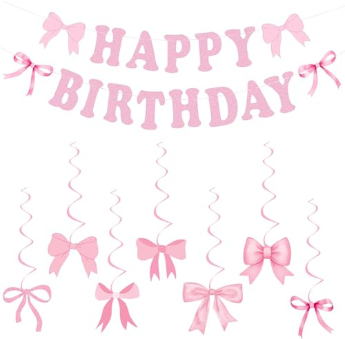 Pink Bow Birthday Party Decoration Pink Bows Birthday Banner Bows Hanging Swirls for Girls Women Coquette Bridal Shower Party Bows Theme Decoration Set Decor Supplies
