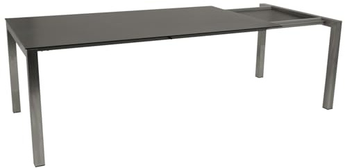 DEGAMO Gartentisch Ausziehtisch Sydney, 180/240x100cm, Edelstahl gebürstet + Glas in 3D Keramikoptik anthrazit, Outdoor wetterfest