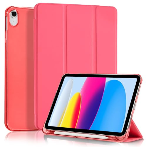 4UBonLife Hülle für iPad A16 11. Generation 2025 /iPad 10. Generation 10,9 Zoll 2022 Schutzhülle mit Stifthalter, Dünne Leichte Hart Smart Case Cover, Transluzente Rückenschale Hülle, Wassermelone Rot