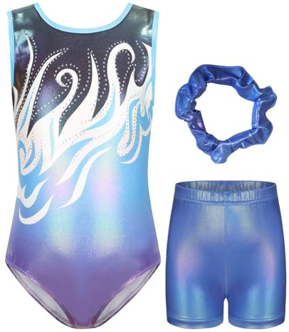 Soudittur Maillots de Gymnastique Trois Pièces pour Filles, Ensemble de Gymnastique Justaucorps Sans manches avec Short et Chouchou Assorti (Bleu, 140(11-12 ans))