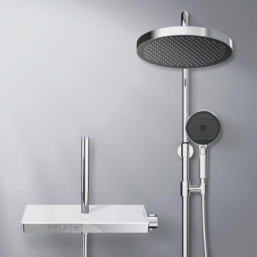 EMKE® Duschsystem mit Thermostat, Regendusche mit Thermostat mit 40 cm Glasablage, Übergröße Regendusche + Handbrause 3 Strahlarten + Unterer Auslauf, Einfach Install Brauseset, KTW, Chrom