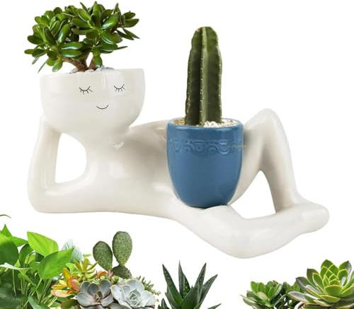 Flanliy Fauler Kerl Blumentopf, Lustige Blumentöpfe mit Gesicht, Pflanztöpfe aus Harz mit Entwässerungsloch, Liegende Fauler Kerl Blumentopf für Sukkulenten, Kaktus und Zimmerpflanzen (B)