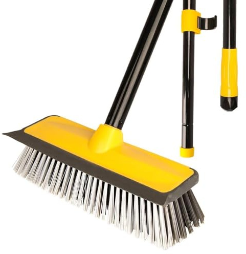 Floor Scrub Brush with Long Handle,2 in 1 Scrape Brush Push Broom with Stiff Bristles,Deck and Shower Scrubber for Cleaning Patio Bathroom Grout Garages