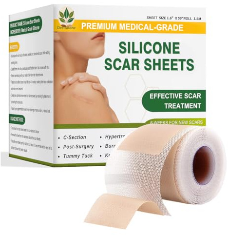 DERMITONE Medical Silicone Scar Tape – Waterproof Silicone Scar Sheets (4cm x 1.5m), Scar Treatment for Surgical Scars, C-Section & Tummy Tuck, For Keloid Scars, Ultra-Soft Skin Healing Strips - Light