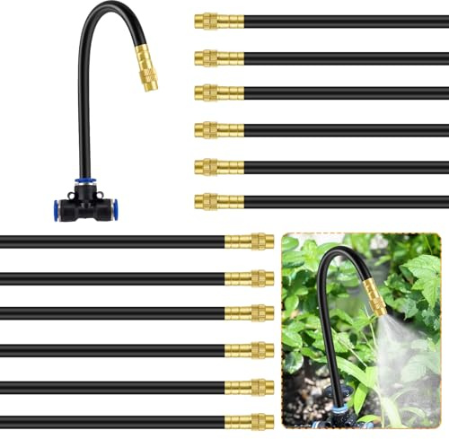 AOOWU Aspersor Atomizador, 12 PCS 20.5 mm Boquillas Nebulizacion con Tubo Manguera 8 mm OD, Ajustable 360° Boquilla de Nebulización de Riego de Latón para Jardín, Terraza y Césped