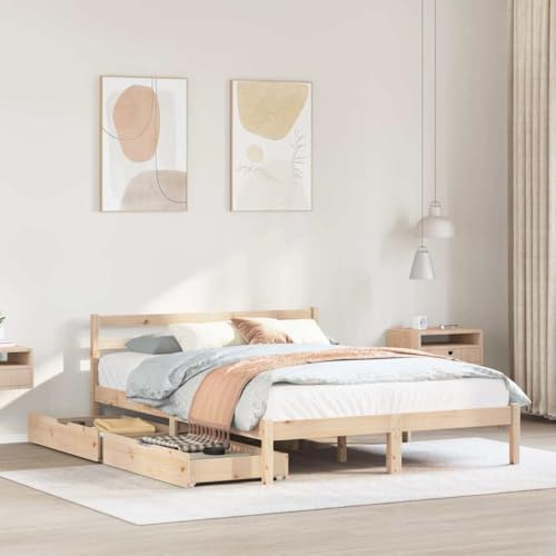 Qnhdfrt Massivholzbett Kiefer 120x200 cm mit Lattenrost und 2 Schubladen Stauraum Bettgestell rustikales Design robust & langlebig für Schlafzimmer Gästezimmer Jugendzimmer