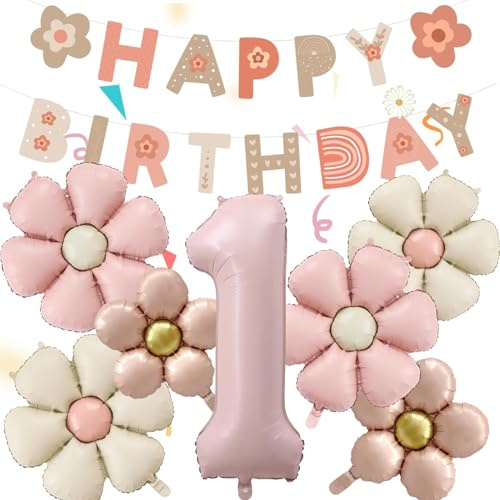 8 Pezzi Palloncini Compleanno 1 Anno Bimba, Palloncino Foil Margherita, Palloncini a Forma di Fiore, Decorazioni Compleanno 1 Anno, per Tema Feste compleanno Decorazioni