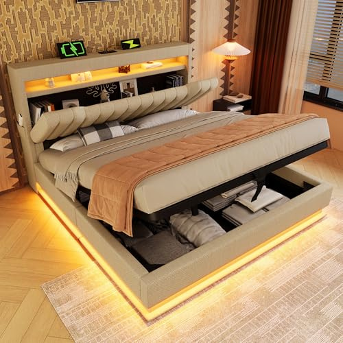 Upholstered Bed Frame with Hydraulic Lift & LED Concealed Storage Headboard, 4ft6 Double Bed Frame with LED Lighting & USB Type-C Charging, Beige Linen Functional Ottoman Storage Beds with Slats