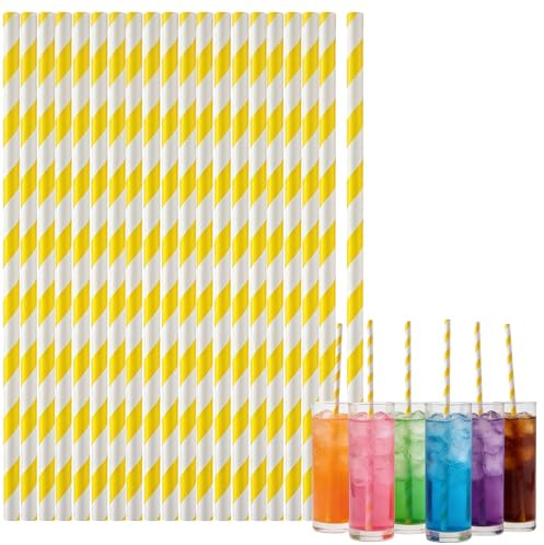 100Pcs Striped Paper Drinking Straws,Paper Straws Yellow for Drinking,Disposable Straw for Wedding Birthday Party,Cocktails Juice Coffee Cold Drinks and DIY Decoration Restaurant Straw