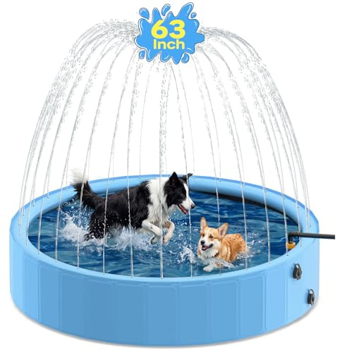 Pechfun Hundepool 160 x 30cm mit Sprinkler, 0.65cm Verdickter Faltbarer hundepool große Hunde, rutschfest Hundeplanschbecken, Wasserspielzeug für Sommer Outdoor Garten, Blau