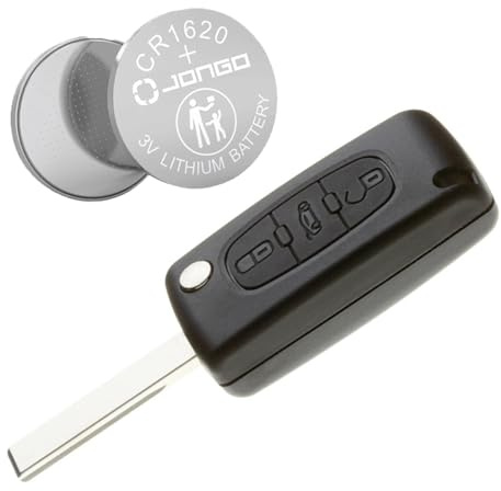 Jongo® CE0523 - Coque Clé 3 Boutons avec Pile CR1620 et Lame HU83 | Compatible Peugeot 207 308 407 607 RCZ Partner & Citroën Berlingo C5 Jumpy | Boîtier Plip sans Électronique