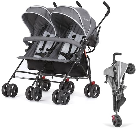 Dream On Me Volgo Twin Baby Stroller, Lightweight Side-by-Side Double Umbrella Stroller with Adjustable Canopy, 5-Point Harness, Storage Basket & Travel-Friendly Fold – Black