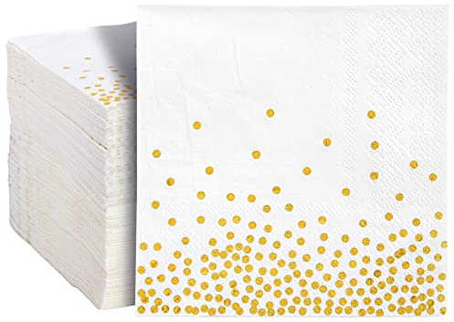 Juvale Einweg-Papierservietten (Set, 100 Stück) - 3-Lagig, Cocktailservietten - Für Partys, Feste - Weiß/Goldfarbenes Konfetti, 12,7 x 12,7 cm