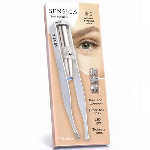 Pince à Épiler Sensica LED – Pince Lumineuse Sourcils & Épilation Visage Femme & Homme, Pointe Biseautée en Acier Inoxydable, Longs Bras + 3 Piles