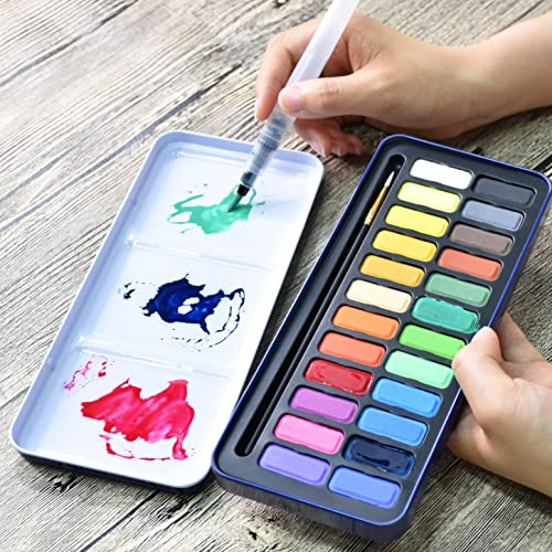Stationery Island Aquarellfarben Set, Wasserfarben inklusive Pinsel und Wasserpinsel, 24 Farben in Aquarellkasten, Perfekt für Künstler, Hobbymaler und Anfänger, ideal für kreative Reisen