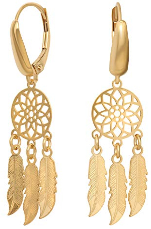 ANDANTE 925 Sterling Silber Gold Damen Ohrringe Ohrhänger ** Traumfänger mit Federn ** Boho Chic Stil