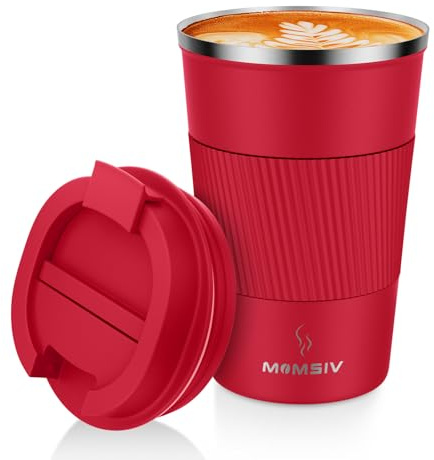 MOMSIV Thermobecher Isolierbecher, 13oz/380ml Rutschfest Edelstahl Travel Mug, Kaffeebecher aus Doppelwandig isoliert Vakuum auslaufsicher Reisebecher mit Deckel Kaffee-to-go Becher, Rot