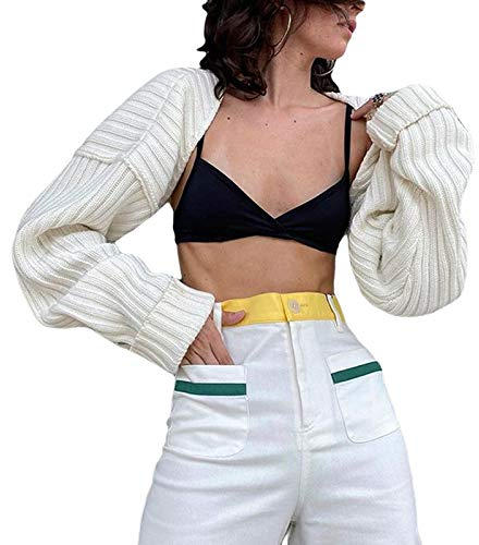PDYLZWZY Damen Y2K Shrug Pullover Langarm Offener Frontausschnitt Gestrickter Armwärmer Kurze Pullover (Weiß, Einheitsgröße)