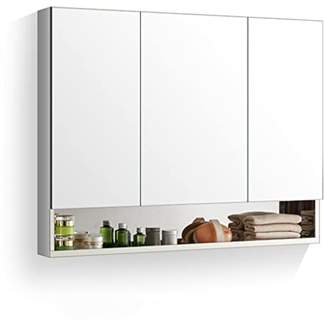 3 Tür Medizinschrank im Badezimmer mit Spiegel, rostfreier Stahl Spiegelschrank, for den Einsatz in nassen/trockenen Umgebungen, Einbau- oder Oberflächenmontage ( Color : Silver , Size : 100*13*75cm )