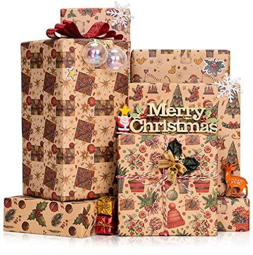 Larcenciel Weihnachten Geschenkpapier 6 Blatt, Weihnachtspapier mit Geschenkaufkleber, Braunes Vintage Kraftpapier mit Glöckchen Roten Früchten, Geschenkverpackungen für Neujahr, Urlaub (70 x 50 cm)