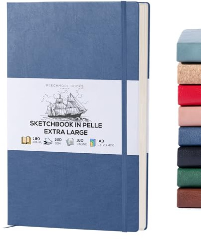 Beechmore Böcker Extra stor skissbok – marinblå konst skissbok med veganskt läder inbunden | rita, skiss, färg, klippbok | tjockt papper 160 gsm professionellt fodrad skissblock, present till män och