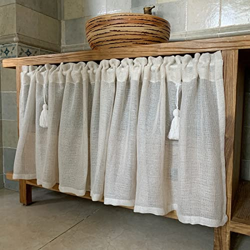A.Monamour Semi-Transparent Retro Solid Beige Linen Textured Short Kitchen Curtain Under The Sink Door Curtain Cabinet Curtain with Tassels Rod Pocket