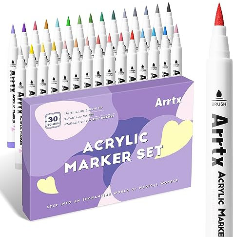 Arrtx 30 Colors Acrylic Paint Pens for Rock Painting, Extra Fine Tip Paint Markers for Rock Painting, Ceramic, Glass, Canvas, Mug, Wood, Easter Egg, Waterproof Paint DIY Crafts Making 30A