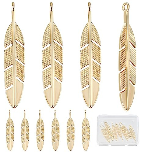 Beebeecraft 1 Box 10Pcs Feather Charms 18K Gold Plated Plumage Pinion Wing Feather Pendants Charms for DIY Earrings Key Chain Bracelet Necklace Jewellery Making Findings