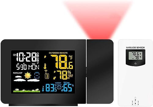 WlP Weather Station Wireless Indoor Outdoor Thermometer Projection Alarm Clock For Bedrooms Shows Indoor And Outdoor Temperature. There Are Double Alarm Clocks, Multi-Color