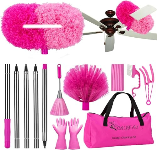 Ceiling Fan Cleaner Duster with 60 inch Extension Pole, Dusters for Cleaning High Ceiling Fan Blades, Cobweb Duster with Extension Pole for Wall Corner, Pink Cleaning Gifts for Women