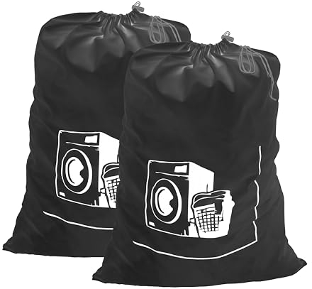Maishijie Lot de 2 sacs à linge robustes en toile de oxford tissu, 50 x 70 cm, très durables, sacs de rangement pour jouets, vêtements sales, cordon de serrage avec cordon de serrage (Noir)
