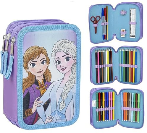 Federmäppchen für die Schule für Kinder von Frozen – Blau – Reißverschluss – 12,5 x 6,5 x 19,5 cm – Dreifachfach – inklusive Zubehör – Originalprodukt, entworfen in Spanien, Hellblau, Federmäppchen
