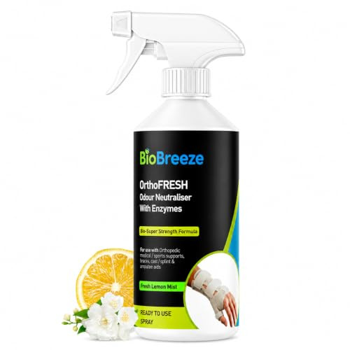 BioBreeze OrthoFresh Odour Neutraliser & Deodoriser Spray for Orthopedic Supports, Braces, Casts, Splints, and Amputee Aids - Sweat Freshener with Bio-Enzymes, Lemon & Linnen Fresh Kick Scent, 500ml