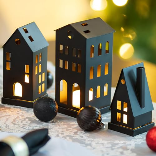 Sziqiqi Windlicht Lichthaus Deko Weihnachten: Klein Teelichthaus Schwarz mit 3 LED-Kerzen Dekorative Teelicht Laterne Haus Lichthäuser Metall Kerzenständer für Tischdeko Fensterbank Mantel Kamin