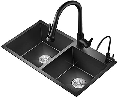 Waschbecken 304 Edelstahl Waschbecken Doppel Nano Waschbecken Doppel Waschbecken Pool Haushalt Geschirrspülbecken Horizontale Waschbecken für Küchenreinigung, TOMRAIN, Schwarz, 75 * 41 * 21cm