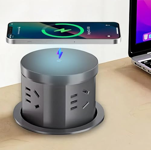 Pop up Socket, Pop up Sockets for Kitchen Worktops Automatic Pop up Power Outlet with 15W Wireless Charger PD 20W Type C Port, Smart Plug 3 Way Extension Outlets 4.33'' Hole