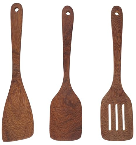 Pfannenwender Holz Kochbesteck-Set 3 Stück, Antihaftbeschichtung, Langgriff-Massivhartholz, Küchenhelfer für Küche und Restaurant (Braun)
