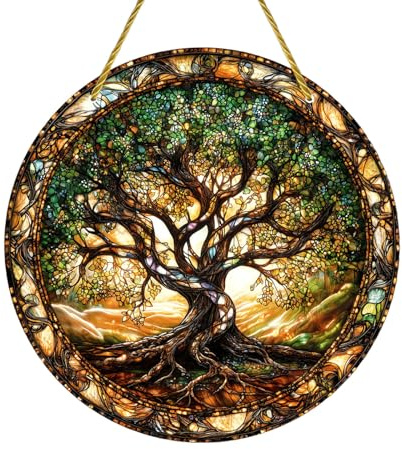 HWOLPEMS Baum des Lebens gefärbtes Acryl-Fensterpaneel, rundes Hängeornament für Schlafzimmer, Veranda, Büro, Garten