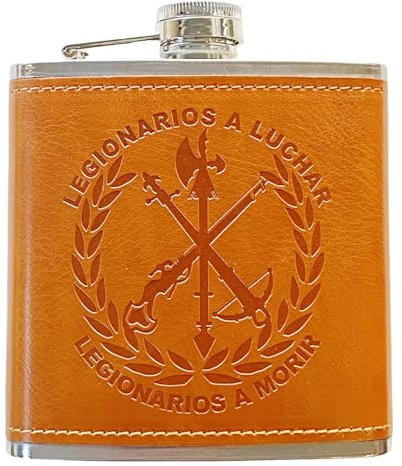 Petaca de Acero Inoxidable 304 /Forrada en Piel(Marrón) Alcohol Personalizada para Hombres, Petaca 6oz/177ml, Camping, Senderismo, Bar, Fiesta, Barbacoa y Bodas (LEGION)