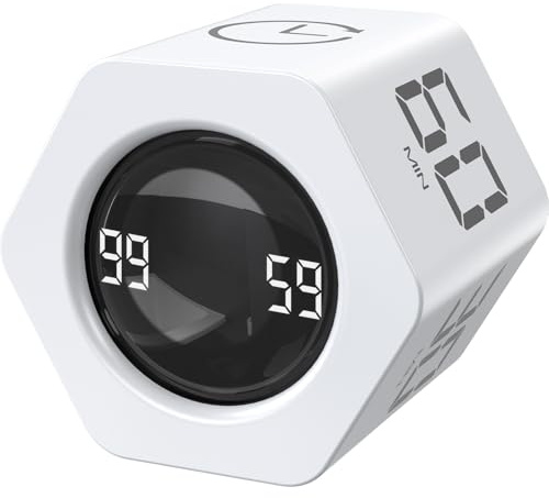EooCoo Pomodoro Timer, Cubo Temporizador Giratorio 6 Caras - TDAH Time Timer con Sensor Gravedad, 1/5/10/30/60 Minutos Cuenta Atrás, Contador Ascendente de 99 min, Vibración & Modos Ajustables, Blanco