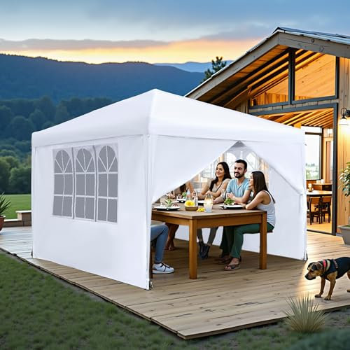 Aufun 2.5x2.5m Pop Up Gazebo Garden Pavilion with 4 Side Panels and Windows for Parties, Weddings, Picnics, Foldable Party Tent made of Oxford with Metal Frame, UV Protection,White