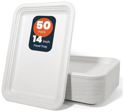 hooray mida 50 Pack White 14-Inch Heavy-Duty Compostable Food Trays | Extra Large Disposable Platters for BBQ, Seafood Boils, Catering & Holidays | Eco-Friendly Paper Serving Trays