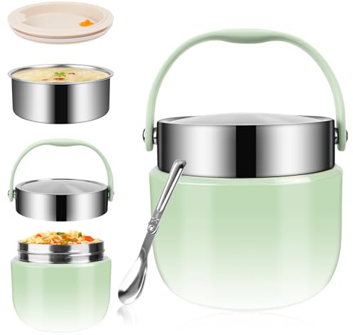 Feirdhoo 1.2L Thermobehälter für Essen,Warmhaltebehälter Essen Edelstahl mit Faltbaren Löffel und Thermoschüssel mit Deckel Hält Wärme oder Kälte für 12 Stunden für Picknick, Schulen,Büro und Reisen