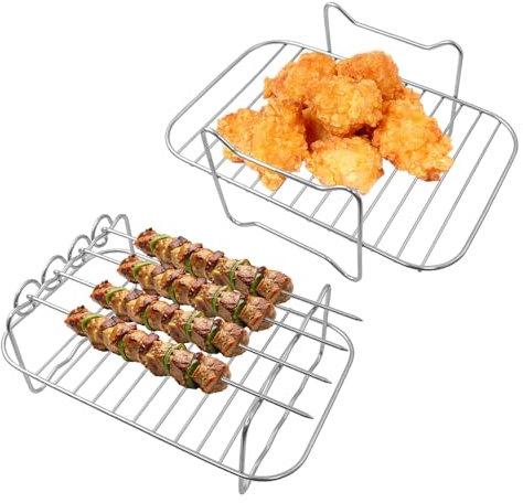 Hevysuo 2 PCS Air Fryer Racks,304 Stainless Steel Layered Dehydrator Rack with 4 Skewer Racks for Ninja AF500UK AF500UK and Other Dual-Zone Air Fryers