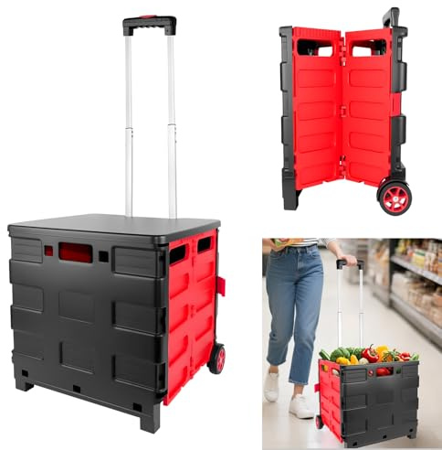 40KG Foldable Shopping Trolley, Plastic Trolley Cart with 2 Wheels and Lid, Portable Cart with Telescopic Handle, Lightweight Utility Cart for Shopping, Teacher - Red and Black