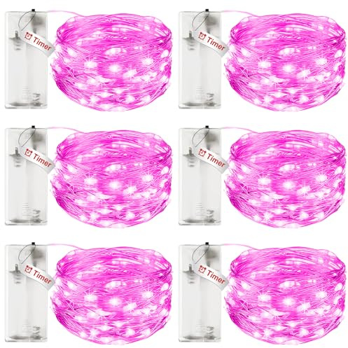 litogo 6 Stück Lichterkette Batterie Timer, 3M 30 LED Lichterkette Innen | IP65 Wasserdicht Kupferdraht, Lichterketten Batteriebetrieben (AA Batterie) für Party Hochzeit Weihnachten Deko, Rosa