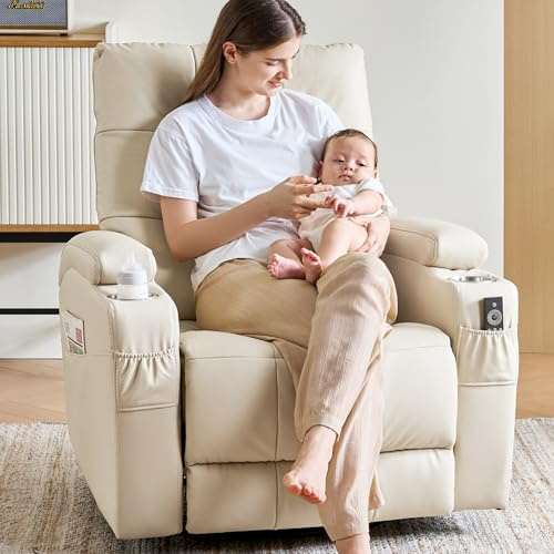 AIRSKY Schaukelsessel Relaxsessel Echtleder Fernsehsessel mit Liegefunktion Kinosessel Seniorensessel TV Sessel mit Schlaffunktion Manuell Verstellbar Liegesessel Schaukelstuhl Wohnzimmer,Beige