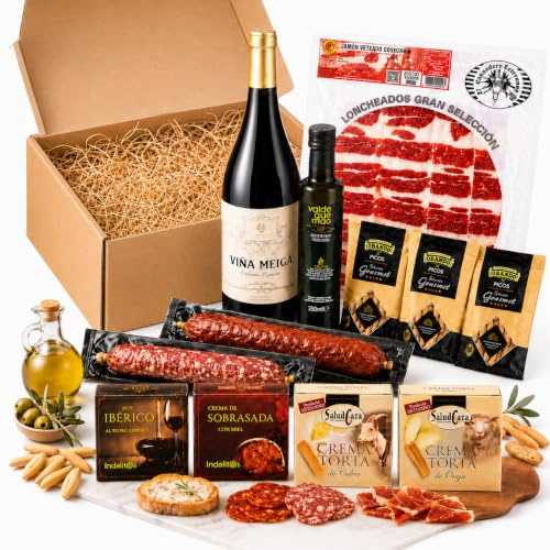 Cesta Gourmet para Regalar ACROL, Vino tinto 75 cl, Jamón, AOVE 250 ml, chorizo y salchichón, cremas torta Oveja y Cabra, sobrasada y pate iberico, regalos para hombre, regalo original mujer