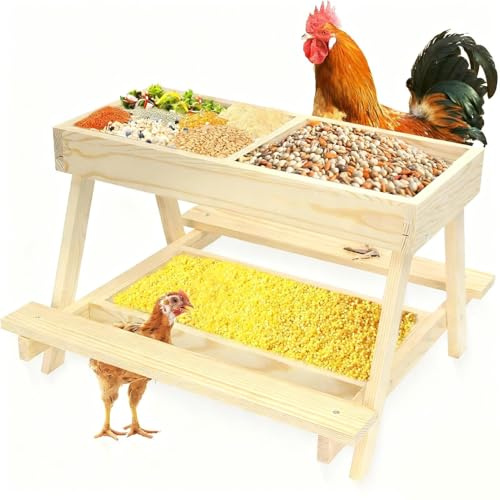 Syengery para Aves De Corral - Mesa De Doble Capa para Exterior - Alimentador De Comida para Pollos De Madera Hecho A Mano con 4 Rejillas | para Aves De Corral Suelo Gallinero Granja Jardín Pato