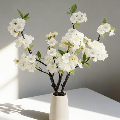 3 Stück Kirschblüten Kunstblumen, 49cm Weiß Künstliche Blumen im Frühling